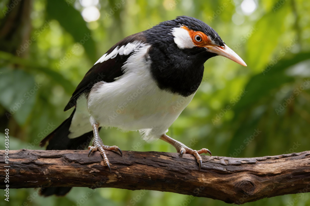 Fototapeta premium Burung Jalak Suren Bird Javan Pied Starling Gracupica Jalla Standing on a Tree Branch in a Tropical Forest