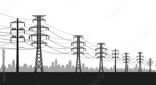 A striking black and white silhouette depicts a series of power lines receding into a distant cityscape horizon