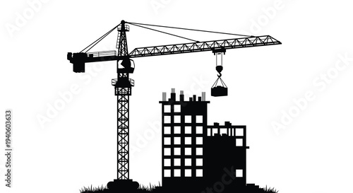 A striking black and white silhouette depicts a towering construction crane working alongside a partially built concrete structure high quality professional