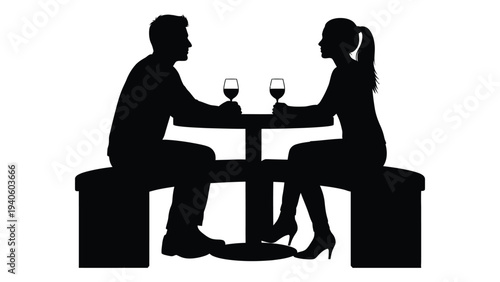 A couple sitting at a table with wine glasses