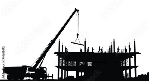 A striking silhouette depicts a construction site with a large crane lifting materials for building a multi story structure