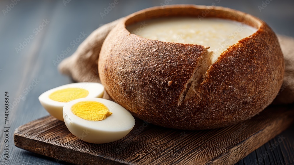 Naklejka premium Rye bread bowl with creamy soup and sliced hard-boiled egg