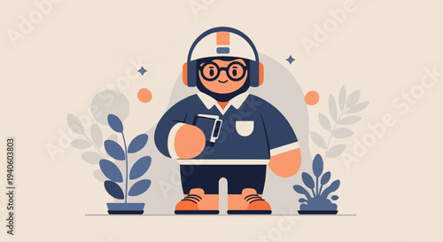 Cheerful cartoon character in headphones, holding a book, surrounded by stylized plants and abstract shapes