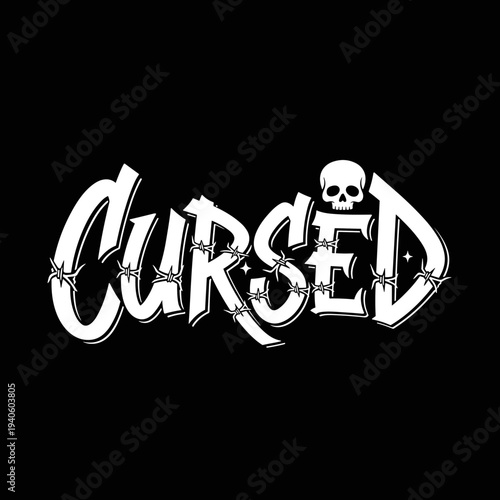 Cursed text with skull and barbed wire.