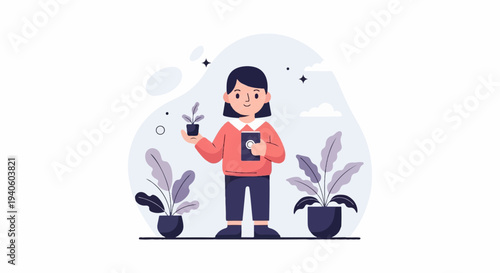 Stylized person holding a small plant, surrounded by larger potted plants
