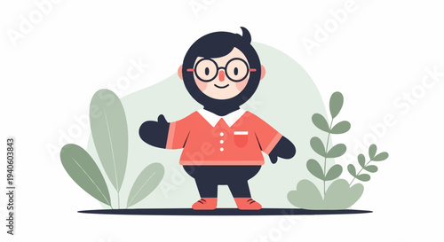 Cheerful cartoon character with glasses and a beard smiles and waves hello