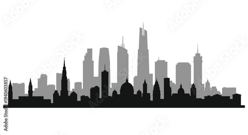 A striking black silhouette depicts a dense urban skyline showcasing various tall buildings and architectural structures high quality professional