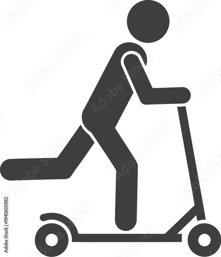 Silhouette figure actively pushing a modern kick scooter with one leg extended backward while moving forward quickly outdoors.