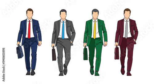 Four stylized illustrations of businessmen in suits each wearing a different colored jacket and carrying a briefcase high quality