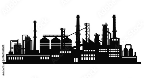 A stark black silhouette depicts a sprawling industrial complex featuring numerous smokestacks and interconnected factory buildings high quality professional