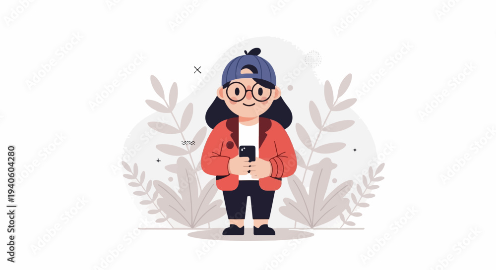 Fototapeta premium A cheerful, stylized cartoon girl in a red jacket and blue cap holds a phone, amidst muted, leafy foliage
