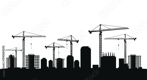 A stark black and white silhouette depicts several construction cranes towering over a cityscape undergoing significant development high quality professional detailed
