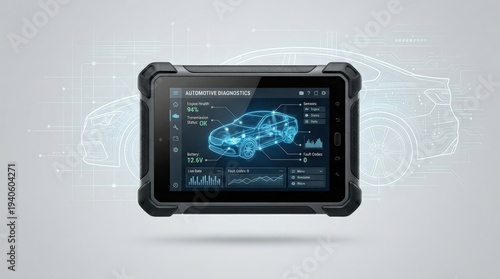Isolated Automotive Diagnostic Tablet Floating Against Seamless Background