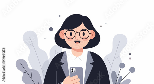 Cheerful person wearing glasses and a suit, holding a smartphone, surrounded by abstract foliage and dots