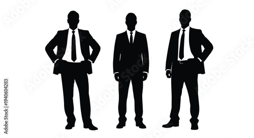 A striking silhouette illustration features three formally dressed men standing side by side against a clean white background high quality professional