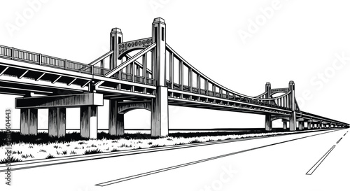 A detailed black and white illustration depicts a long curving bridge with multiple supports extending across a flat landscape