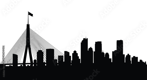 A striking black silhouette depicts a city skyline featuring a prominent cable stayed bridge and dense urban buildings high quality