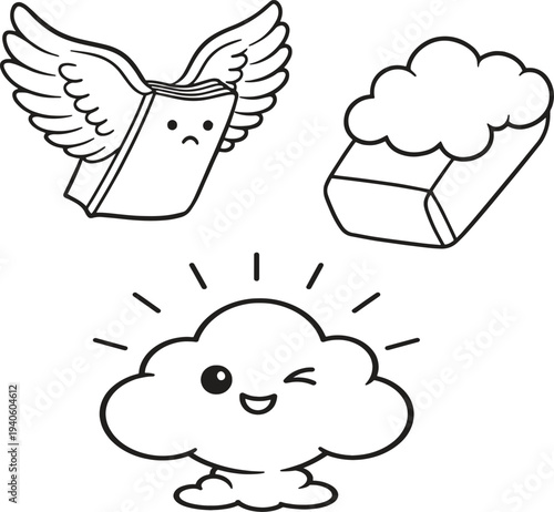 Cute line art drawings of flying book, soapy sponge, and winking cloud