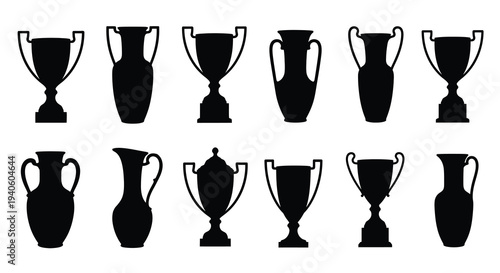 A collection of black silhouette trophies pitchers and vases are displayed in a neat symmetrical arrangement on a white background