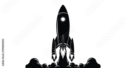 A striking black and white illustration depicts a retro style rocket ascending with a trail of smoke and fire symbolizing space exploration
