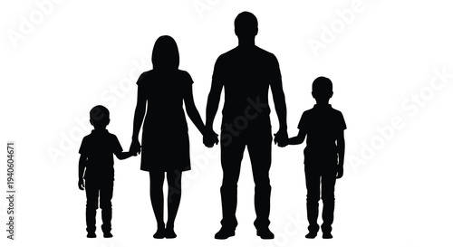 A silhouette depicts a family of four a mother father and two young children holding hands together high quality