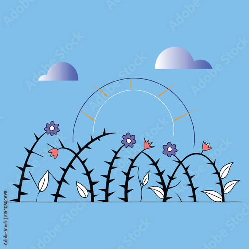 Thorned Wildflowers Blooming Under a Stylized Sun and Clouds Outdoor Nature Scene Stock Illustration