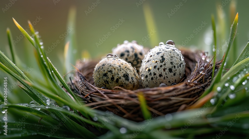 Obraz premium Bird nest on grass with droplets magnifying eggs and shapes