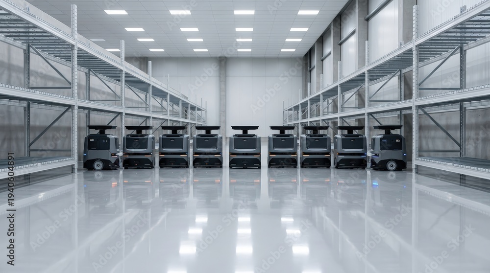 Fototapeta premium Symmetric Hero Composition of Multiple Compact Sorting Robots in Warehouse