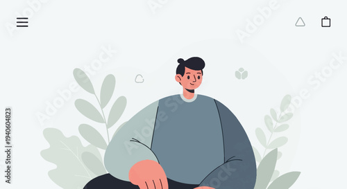 A stylized person sits cross-legged amidst organic shapes and plants