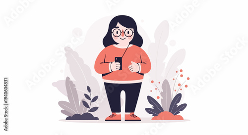 Cheerful, round figure with glasses holding a smartphone amidst stylized foliage