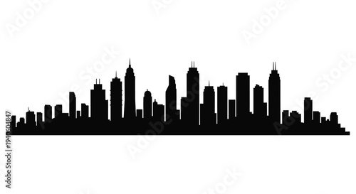 A striking black silhouette depicts a dense urban skyline with numerous high rise buildings and a flat horizon high quality