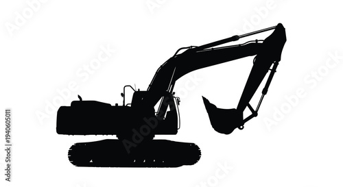 A stark silhouette of a heavy duty excavator showcasing its powerful arm and bucket against a completely white background