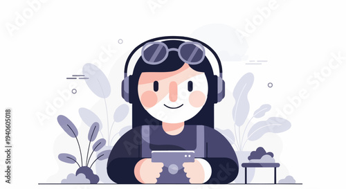 Young person with headphones and tablet, surrounded by plants and simple decorations