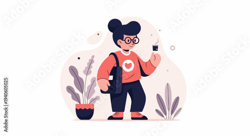 A person with glasses and a bun holds a cup of coffee, wearing a red sweater with a heart