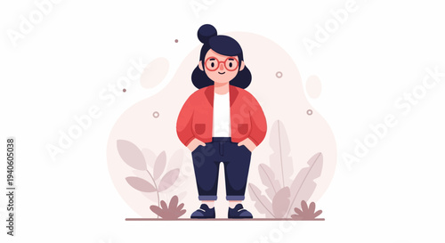 A stylized cartoon woman in a red jacket and blue pants stands with her hands in her pockets