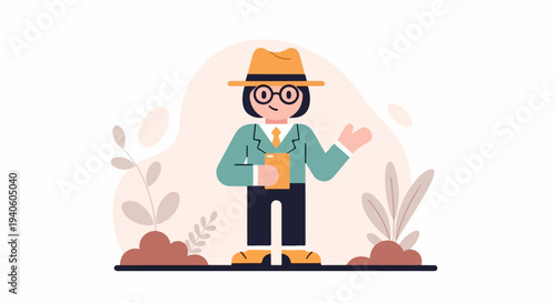 Stylized person in a hat and suit, holding an orange object, stands near plants