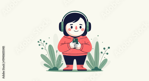 A cartoon character wearing headphones and holding a phone, surrounded by plants