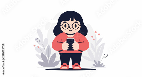 A smiling, round character wearing glasses and a coral top holds a phone