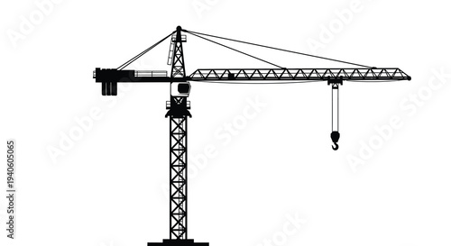 A stark black and white silhouette depicts a towering construction crane against a completely white background symbolizing industry high quality professional