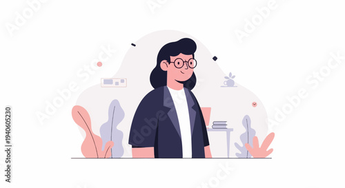 A smiling person with glasses and dark hair wears a blazer over a white shirt, at a desk with a laptop and books