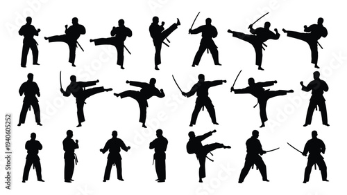 Collection of black silhouettes of people practicing various martial arts