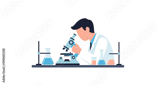 Scientist conducting research with a microscope in a laboratory setting, surrounded by scientific equipment and liquids.