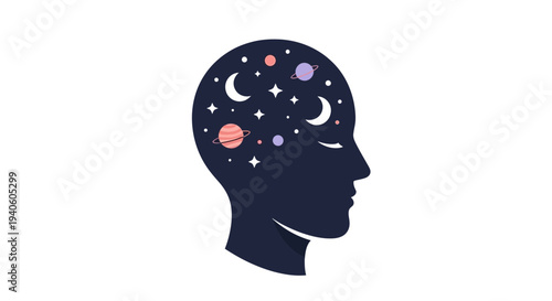 Silhouette of a human head filled with a starry night sky and celestial bodies