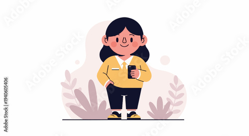 Cheerful person in yellow top and dark pants holds phone, surrounded by abstract plants