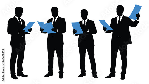 Four businessmen in black suits holding blue documents