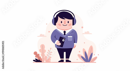 Cheerful character in headphones holding a phone amidst stylized flora and soft clouds
