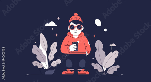 A stylized character wearing a hat and sunglasses holds a phone, amidst stylized plants and cosmic elements