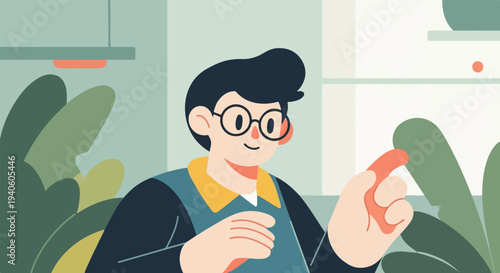 A young person with dark hair and glasses gestures with their hand amidst lush foliage