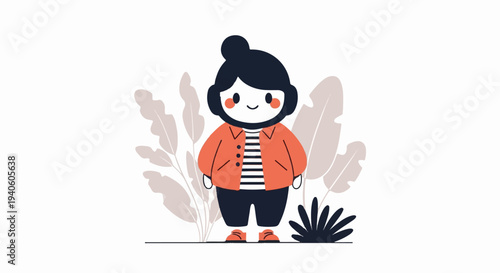 A cute, cartoonish character with black hair, wearing an orange jacket over a striped shirt and dark pants, stands in a stylized natural setting with large leaves