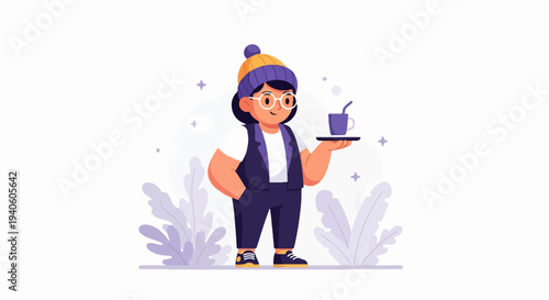 Cheerful person in a beanie and glasses holds a drink on a tray, surrounded by abstract plants